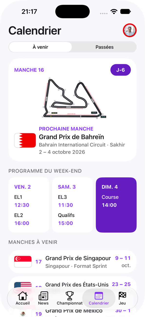 Calendrier — sessions de la saison