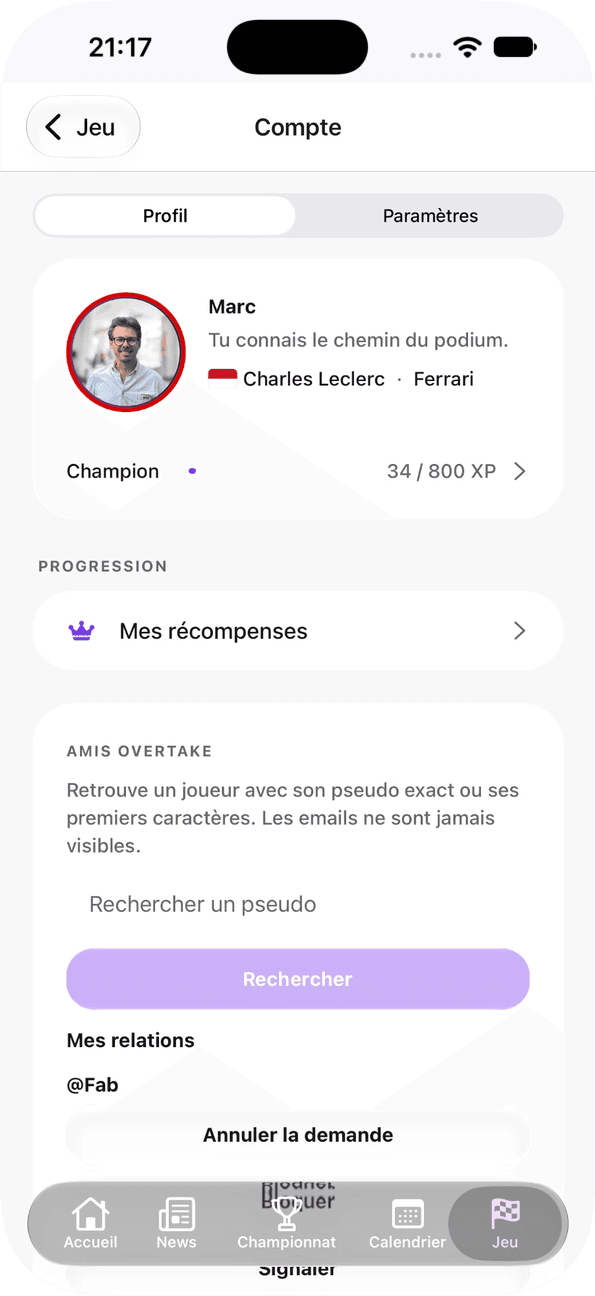 Compte — confidentialité & récompenses